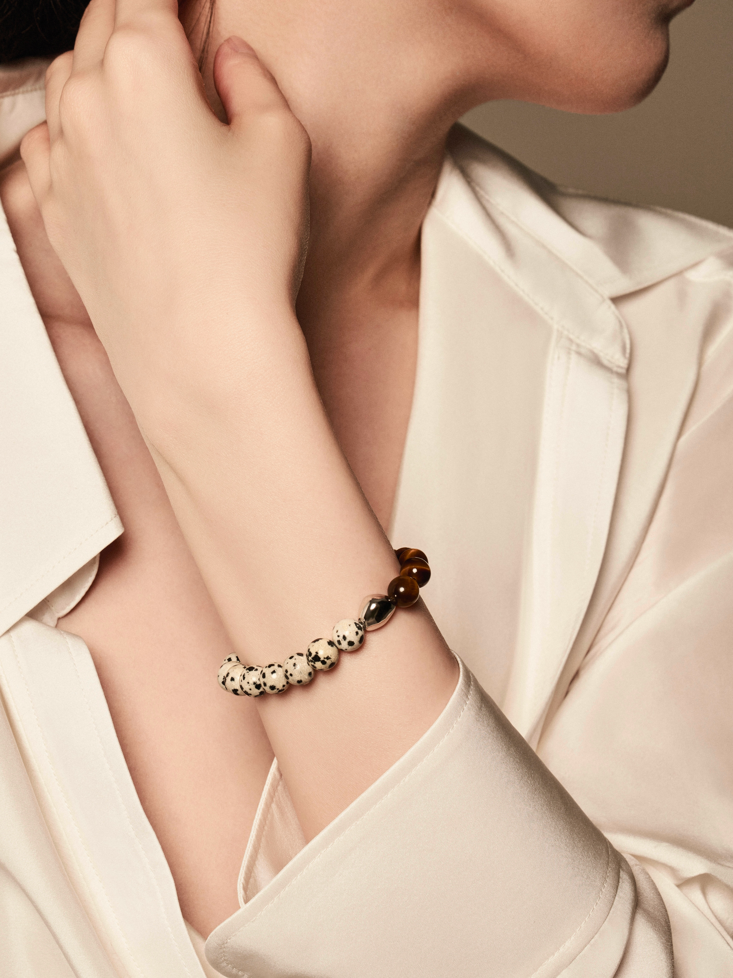 'VENICE90291' Dalmatian Jasper + Tiger's Eye Gemstone Bracelet