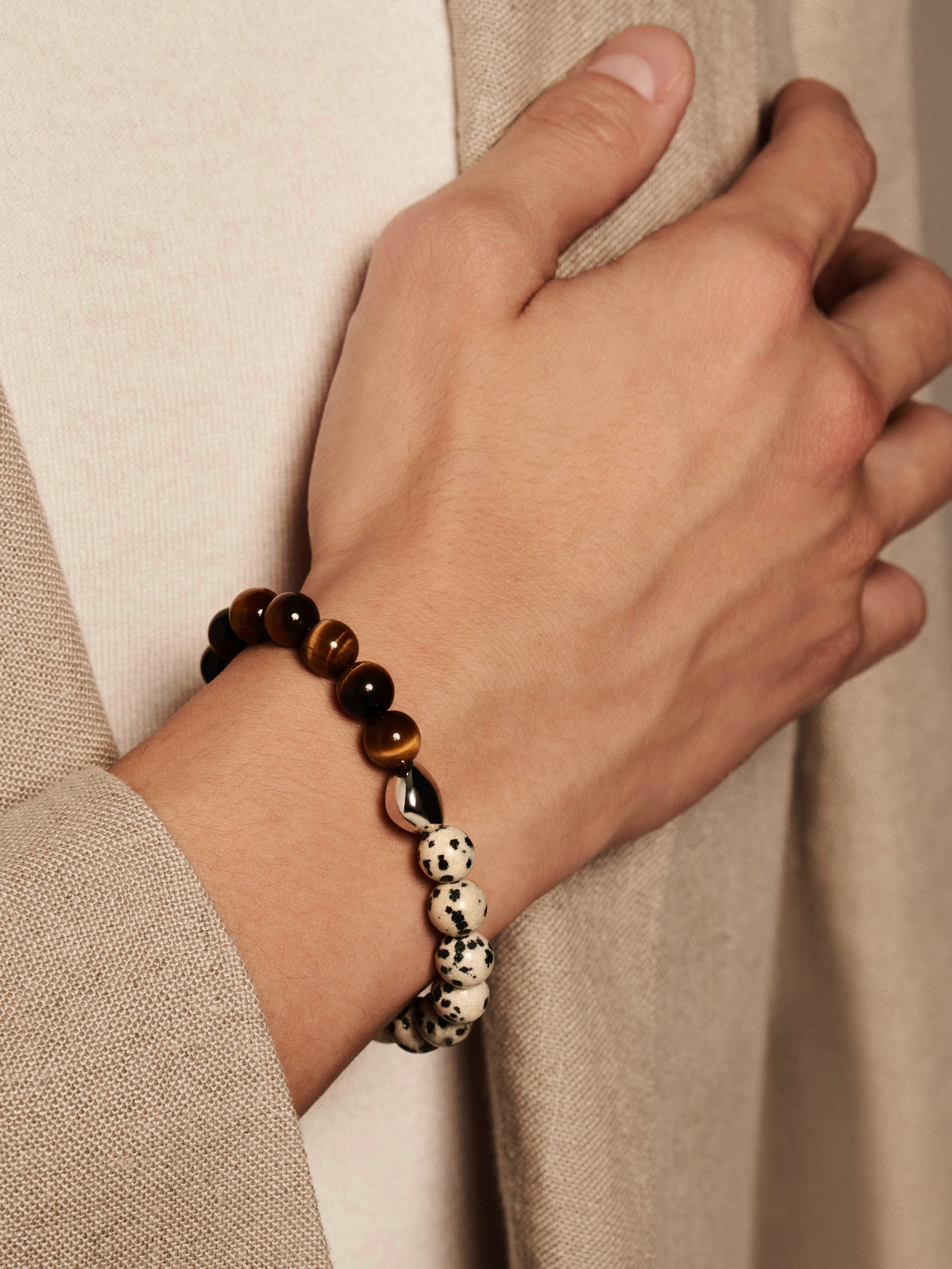 'VENICE90291' Dalmatian Jasper + Tiger's Eye Gemstone Bracelet